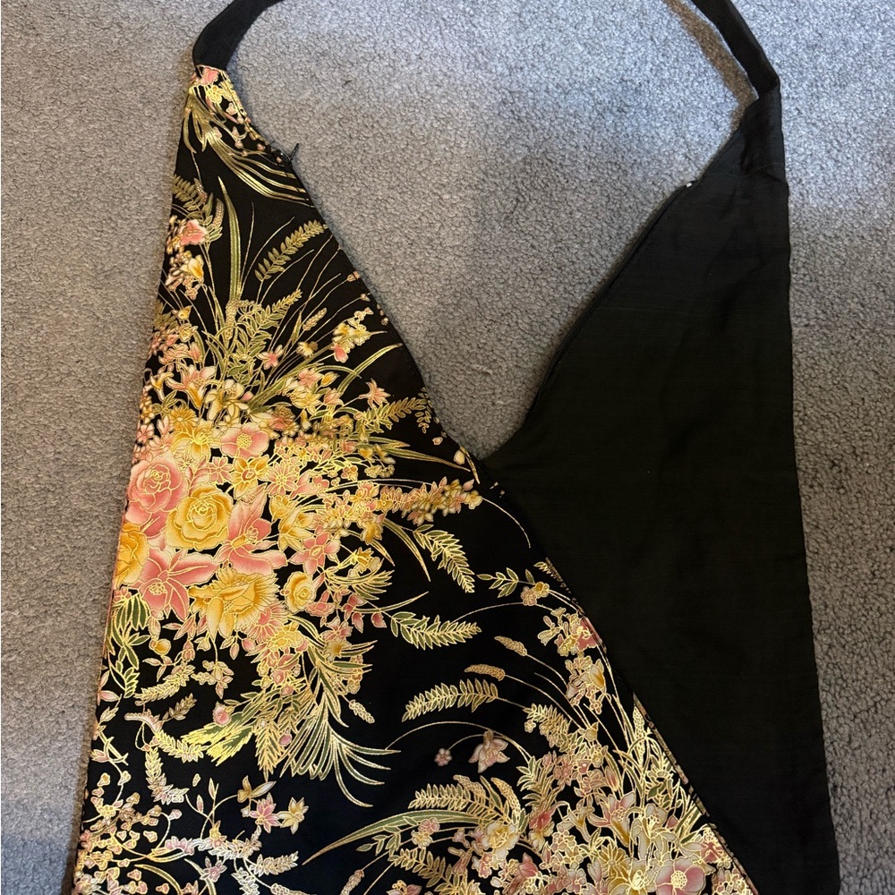 Black Floral Wrap Halter Top with Pink & Yellow Bouquet